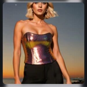 BEBE Strapless Scoop Neck Sequin Bustier Top - Iridescent Multi / XL